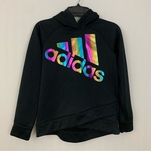 Black Adidas Pullover Hooded Sweatshirt with rainbow shimmer logo size 12/14